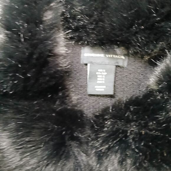 Adrienne Vittadini Women S Black Faux Fur Collar Long Knit Sweater Flower Button - Picture 5 of 7